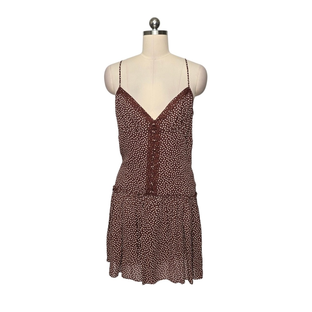 Reformation Brown Polka Dot V-Neck Lace‎ Trim Mini Dress Size 12 NWT Y2K
